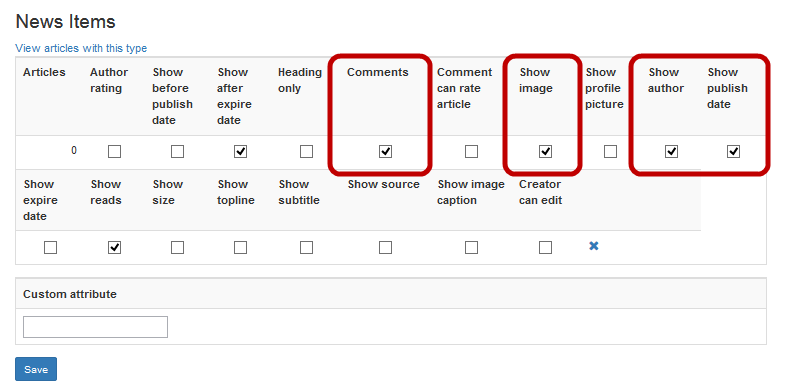 Configuring options for your newly created article type.