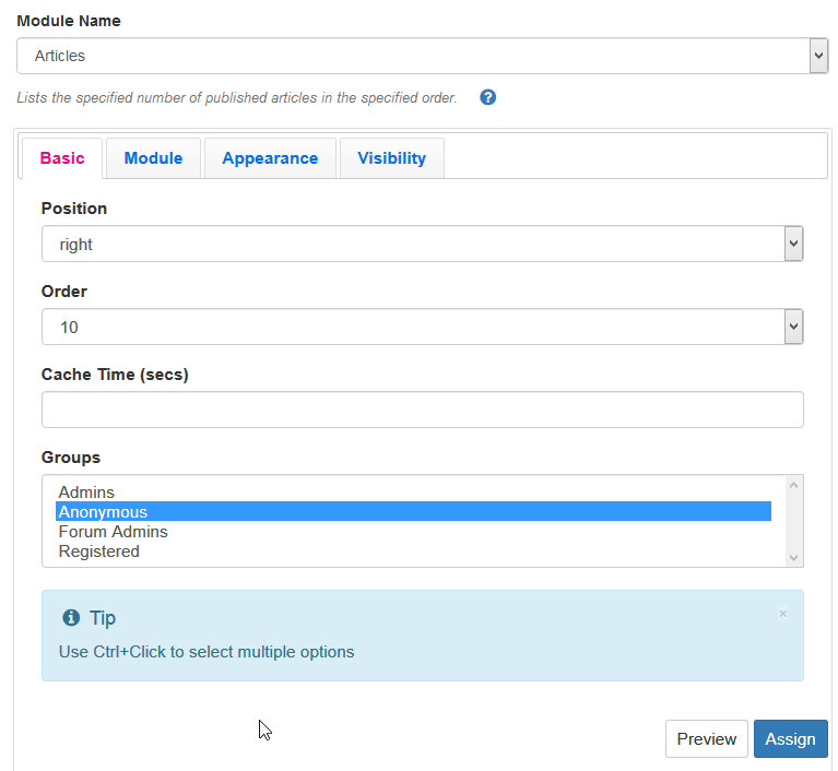 Assigning the Articles module