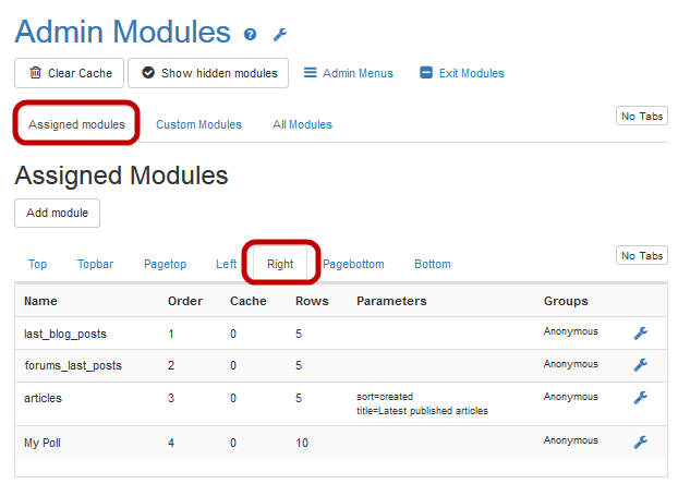 Right tab modules