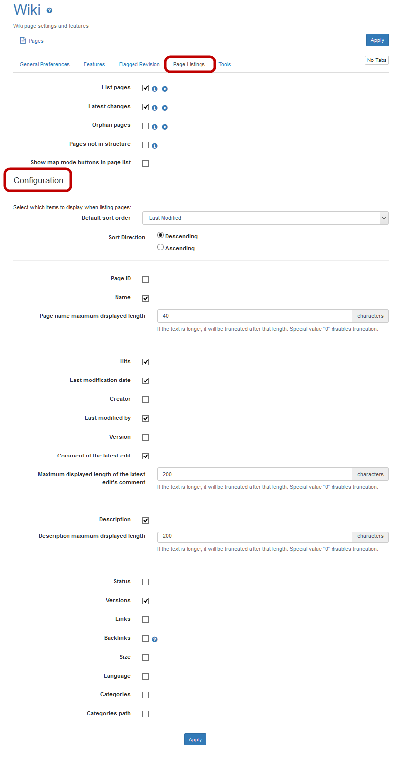 Wiki Page List  Configuration