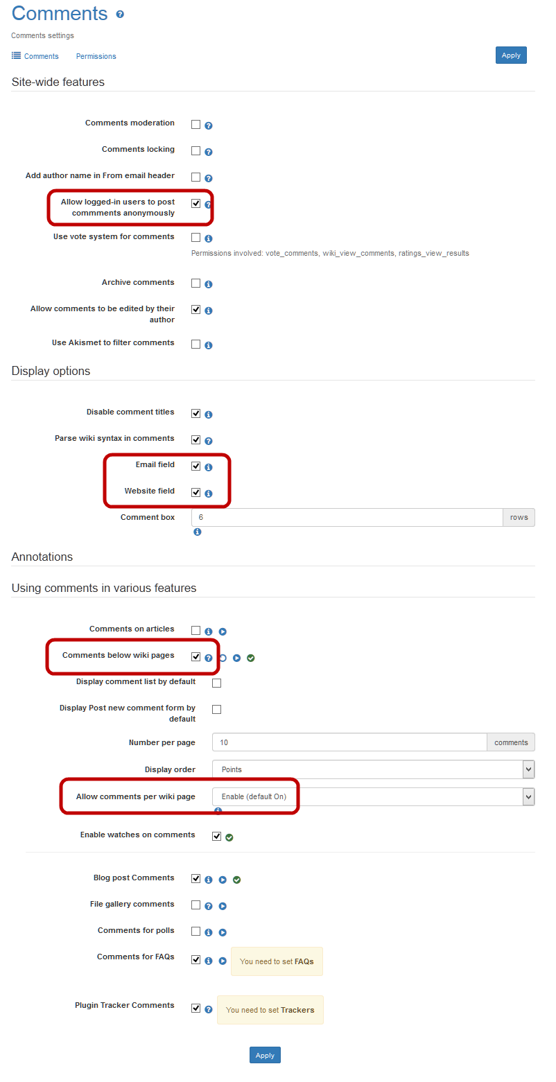 Configuring global comment options