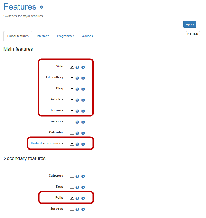 Features control panel