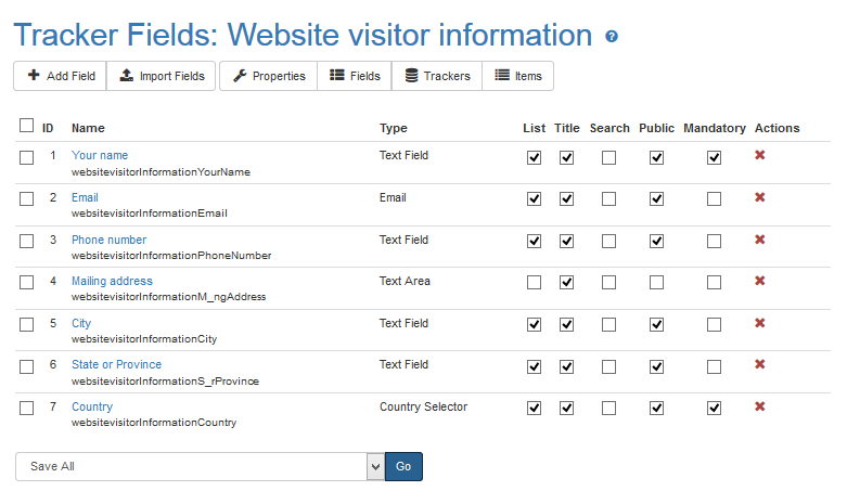 All of the fields for the Visitor Information tracker.