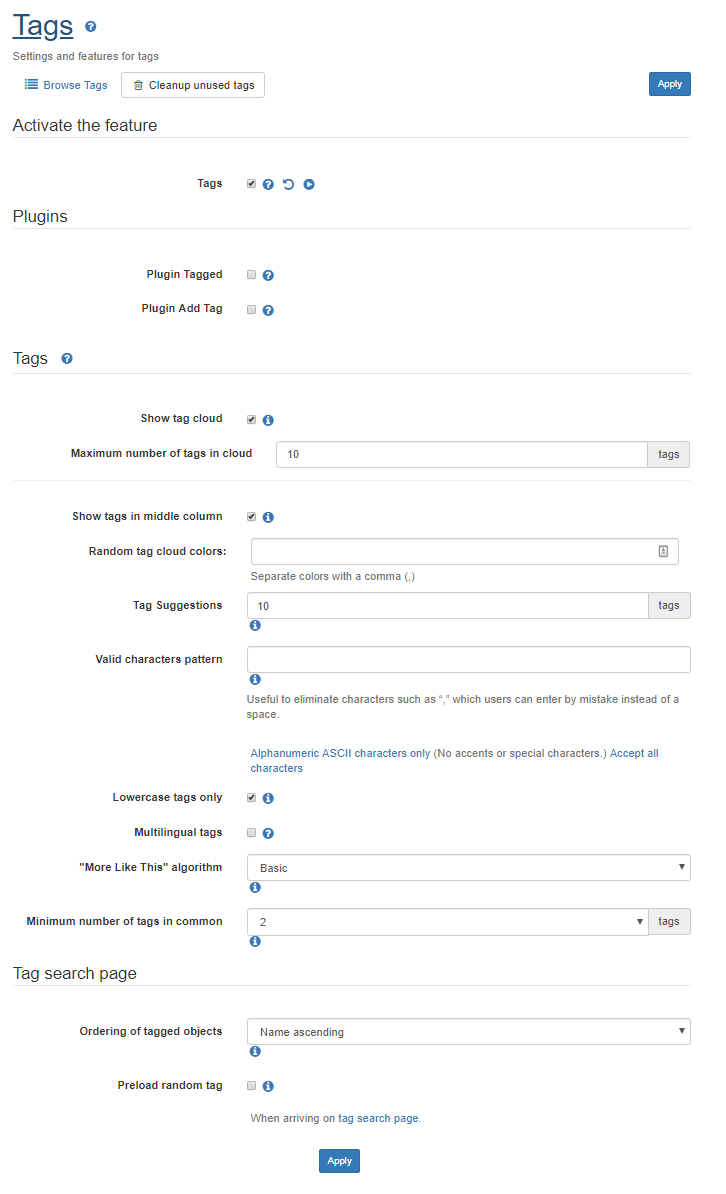 Configuring the freetags options on the  Administration: Freetag page.