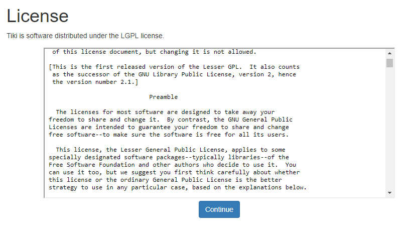 Tiki Installer page: License.