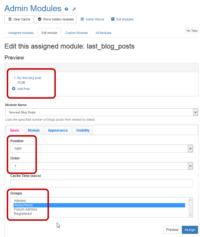 The Basic tab of the Assign new module area of the Admin Modules  page.