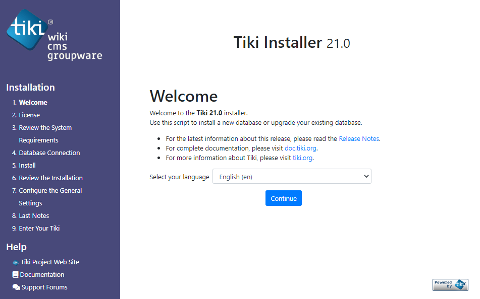Tiki Installer page.