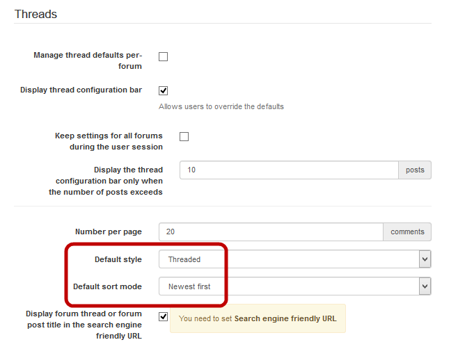 Configuring the forum options on the Administration: Forum  page.